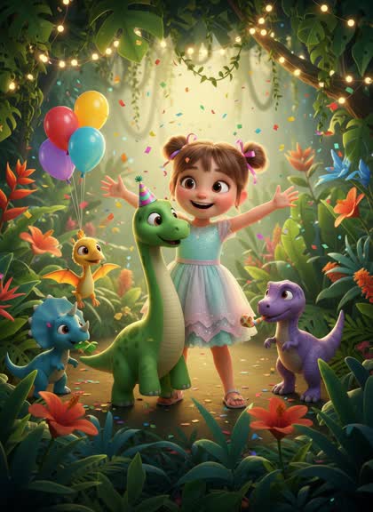 Шаблон приглашения на день рождения девочки — Динозавры, 3–6 лет