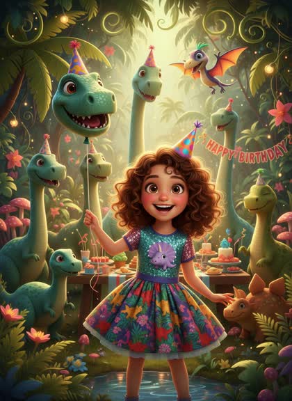 Шаблон приглашения на день рождения девочки — Динозавры, 7–12 лет