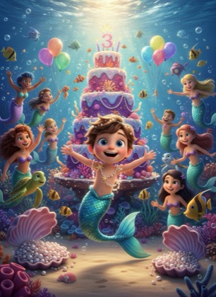Шаблон приглашения на день рождения мальчика — Русалочка, 3–6 лет