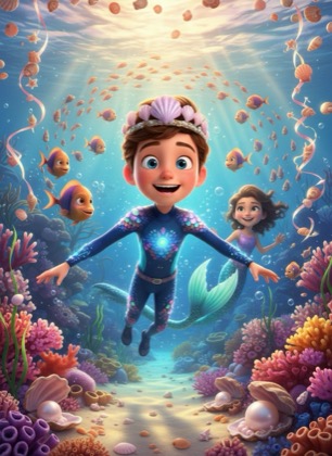 Шаблон приглашения на день рождения мальчика — Русалочка, 7–12 лет