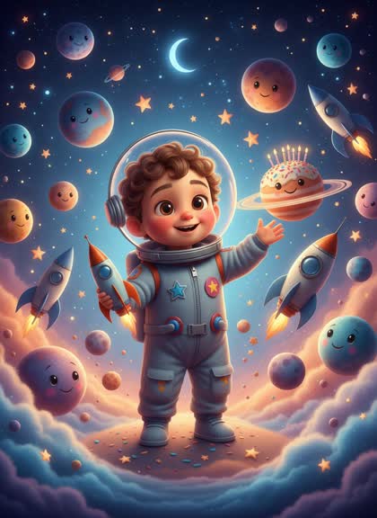 Шаблон приглашения на день рождения мальчика — Космос, 1–2 года