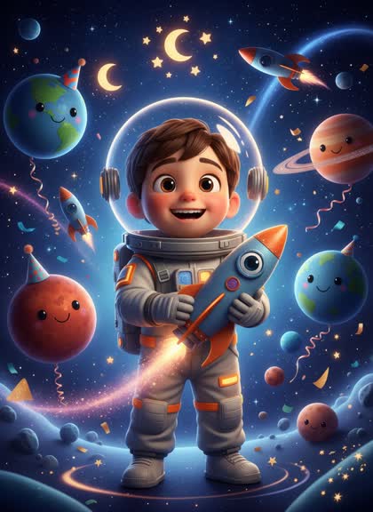 Шаблон приглашения на день рождения мальчика — Космос, 3–6 лет