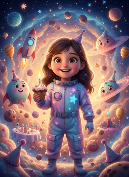 Шаблон приглашения на день рождения девочки — Космос, 3–6 лет