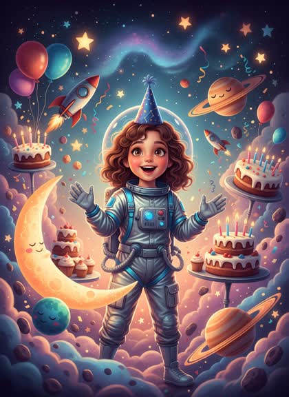 Шаблон приглашения на день рождения девочки — Космос, 7–12 лет